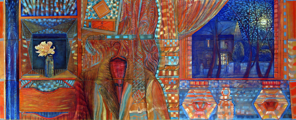 A Personal Lockdown in Orange & Blue (Reaching Out). Oil on canvas. 165x65cm